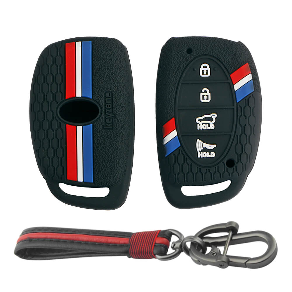 Keyzone striped key cover and keychain fit for : Venue, Elantra, Tucson, I20 N Line 2021, Creta 2020, i20 2020 Hyundai 4 button smart key (KZS06, Full Leather Keychain) - Keyzone