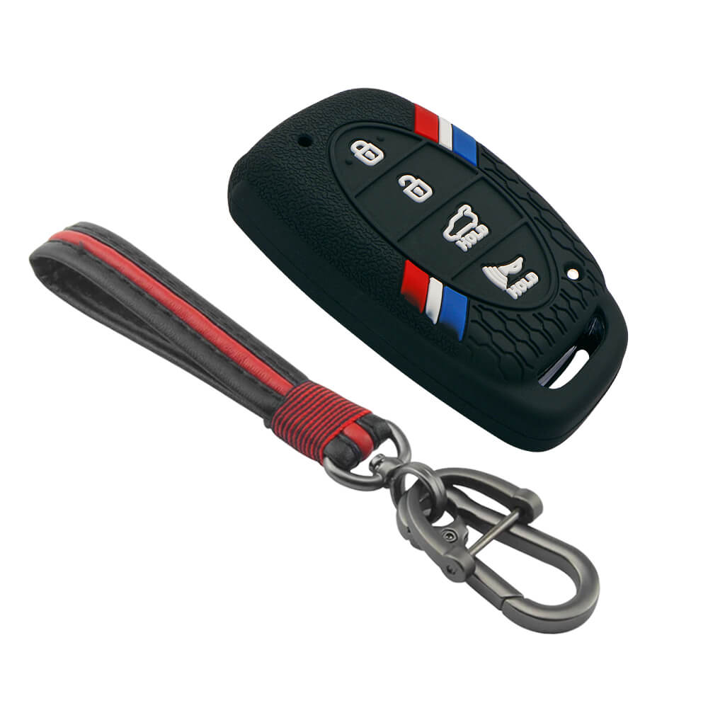 Keyzone striped key cover and keychain fit for : Venue, Elantra, Tucson, I20 N Line 2021, Creta 2020, i20 2020 Hyundai 4 button smart key (KZS06, Full Leather Keychain) - Keyzone