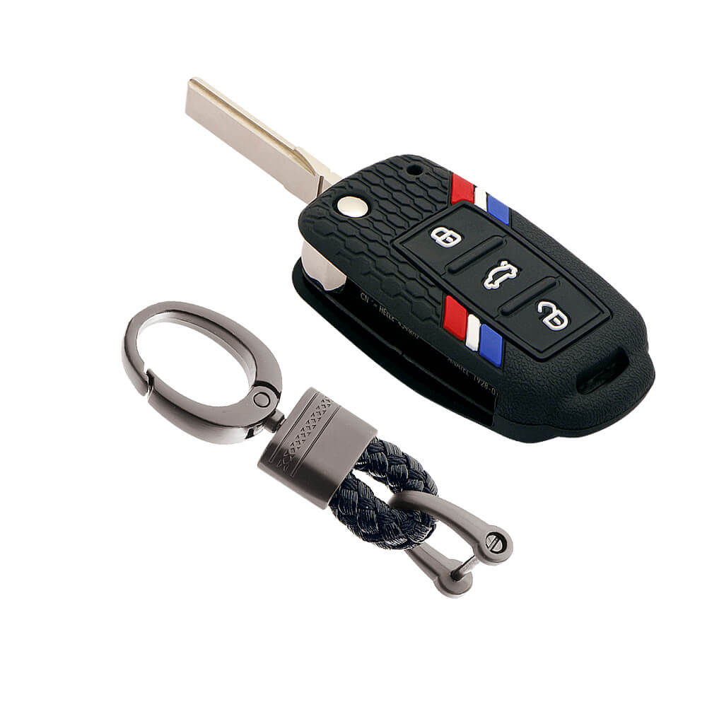 Keyzone striped key cover and keychain fit for : Polo, Vento, Jetta, Ameo 3b flip key (KZS-11, Alloy Keychain) - Keyzone