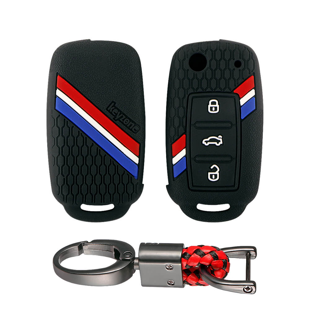 Keyzone striped key cover and keychain fit for : Polo, Vento, Jetta, Ameo 3b flip key (KZS-11, Alloy Keychain) - Keyzone