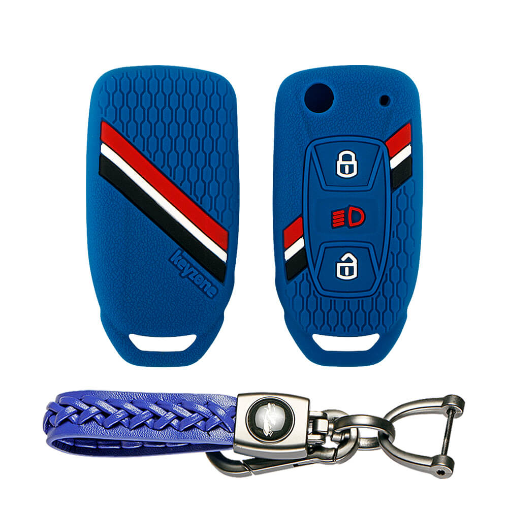 Keyzone striped key cover and keychain fit for : Tata Zest, Bolt, Tigor, Zica, Tiago, Safari Storme, Nexon, Harrier, Hexa flip key (KZS-13, Woven Keyholder) - Keyzone