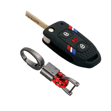 Keyzone striped key cover and keychain fit for : Tata Zest, Bolt, Tigor, Zica, Tiago, Safari Storme, Nexon, Harrier, Hexa flip key (KZS-13, Alloy Keychain)