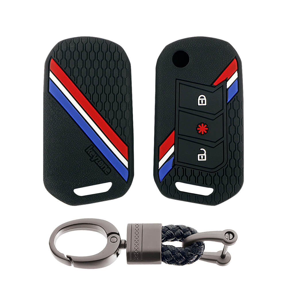 Keyzone striped key cover and keychain fit for : Marazzo, TUV300 Plus, Scorpio, Thar 2020, XUV700, XUV300, Bolero 2020, XUV400, Scorpio-N flip key (KZS-14, Alloy Keychain) - Keyzone