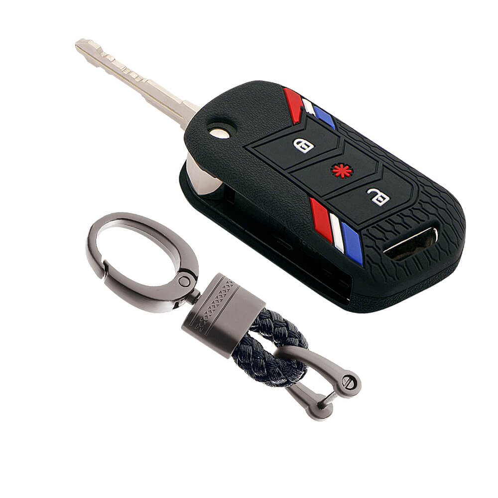 Keyzone striped key cover and keychain fit for : Marazzo, TUV300 Plus, Scorpio, Thar 2020, XUV700, XUV300, Bolero 2020, XUV400, Scorpio-N flip key (KZS-14, Alloy Keychain) - Keyzone