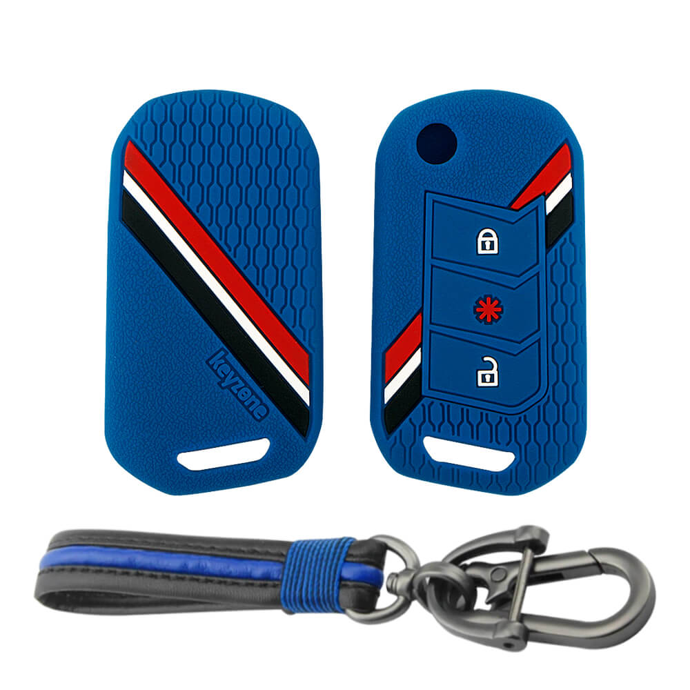 Keyzone striped key cover and keychain fit for : Marazzo, TUV300 Plus, Scorpio, Thar 2020, XUV700, XUV300, Bolero 2020, XUV400, Scorpio-N flip key (KZS-14, Full Leather Keychain) - Keyzone