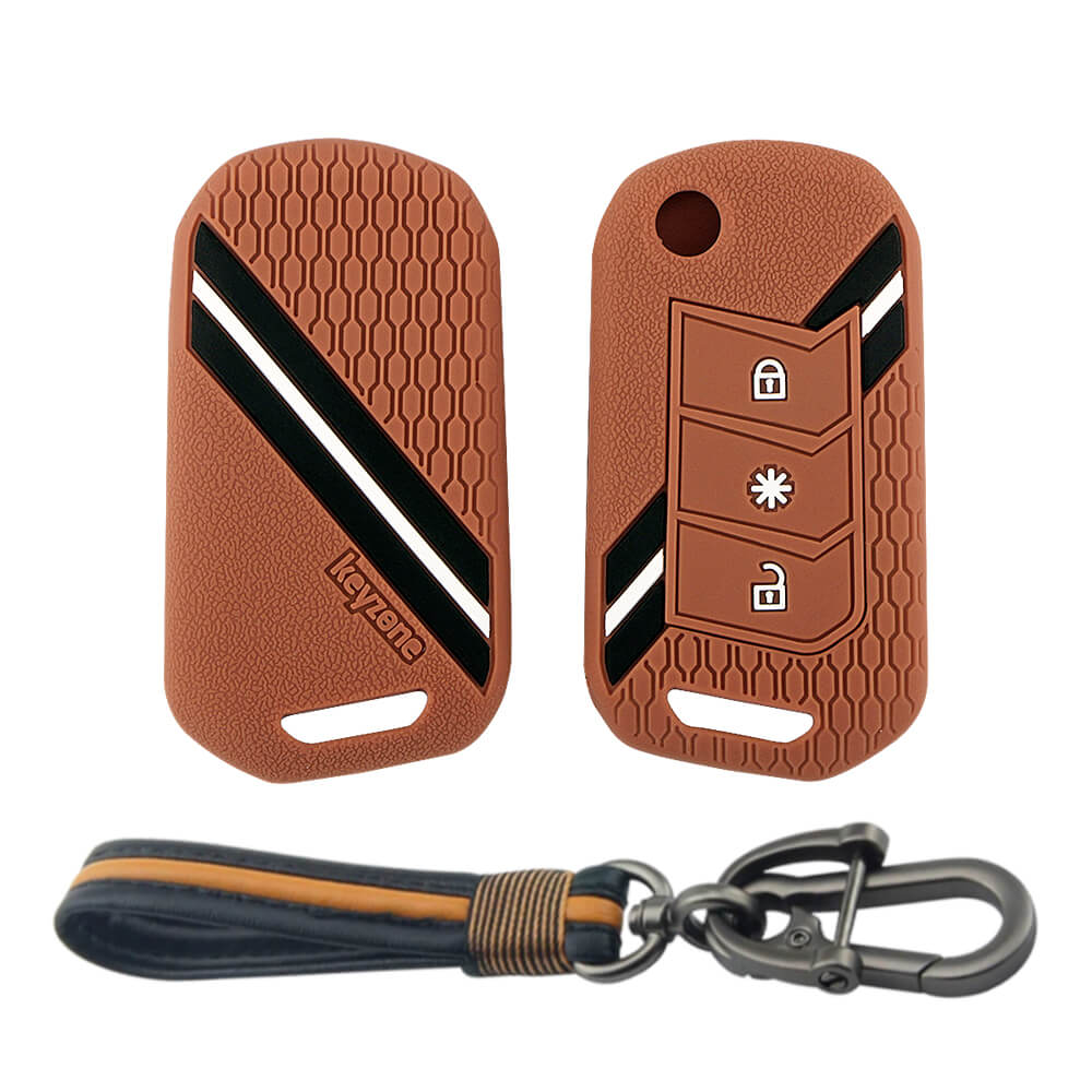 Keyzone striped key cover and keychain fit for : Marazzo, TUV300 Plus, Scorpio, Thar 2020, XUV700, XUV300, Bolero 2020, XUV400, Scorpio-N flip key (KZS-14, Full Leather Keychain) - Keyzone