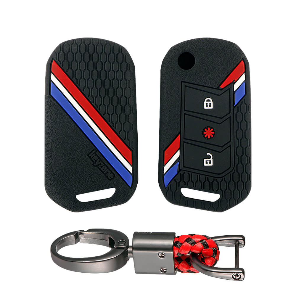 Keyzone striped key cover and keychain fit for : Marazzo, TUV300 Plus, Scorpio, Thar 2020, XUV700, XUV300, Bolero 2020, XUV400, Scorpio-N flip key (KZS-14, Alloy Keychain) - Keyzone