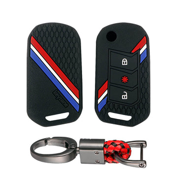 Keyzone striped key cover and keychain fit for : Marazzo, TUV300 Plus, Scorpio, Thar 2020, XUV700, XUV300, Bolero 2020, XUV400, Scorpio-N flip key (KZS-14, Alloy Keychain) - Keyzone