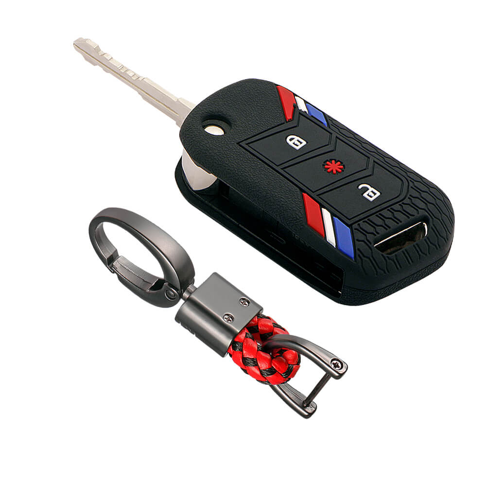 Keyzone striped key cover and keychain fit for : Marazzo, TUV300 Plus, Scorpio, Thar 2020, XUV700, XUV300, Bolero 2020, XUV400, Scorpio-N flip key (KZS-14, Alloy Keychain) - Keyzone