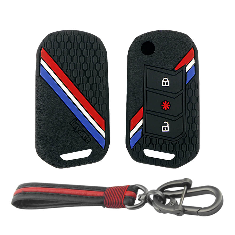 Keyzone striped key cover and keychain fit for : Marazzo, TUV300 Plus, Scorpio, Thar 2020, XUV700, XUV300, Bolero 2020, XUV400, Scorpio-N flip key (KZS-14, Full Leather Keychain) - Keyzone