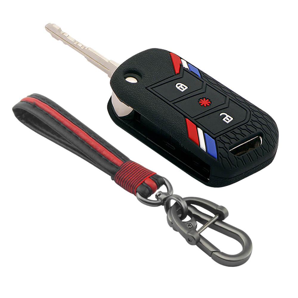 Keyzone striped key cover and keychain fit for : Marazzo, TUV300 Plus, Scorpio, Thar 2020, XUV700, XUV300, Bolero 2020, XUV400, Scorpio-N flip key (KZS-14, Full Leather Keychain) - Keyzone