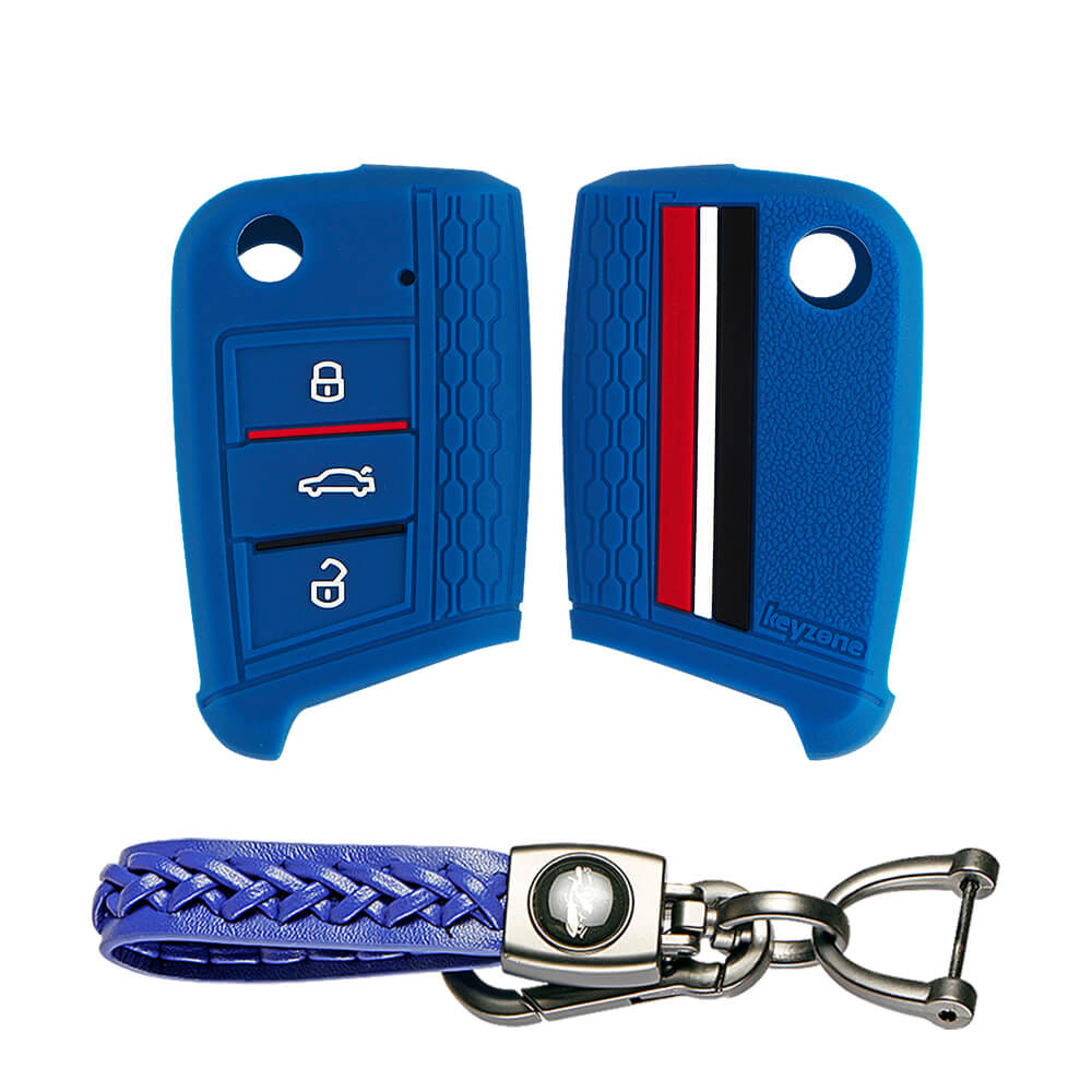 Keyzone striped key cover and keychain fit for : Virtus, Tiguan, T-roc,taigun, New Jetta 3 button flip key (KZS-17,Woven Keyholder) - Keyzone