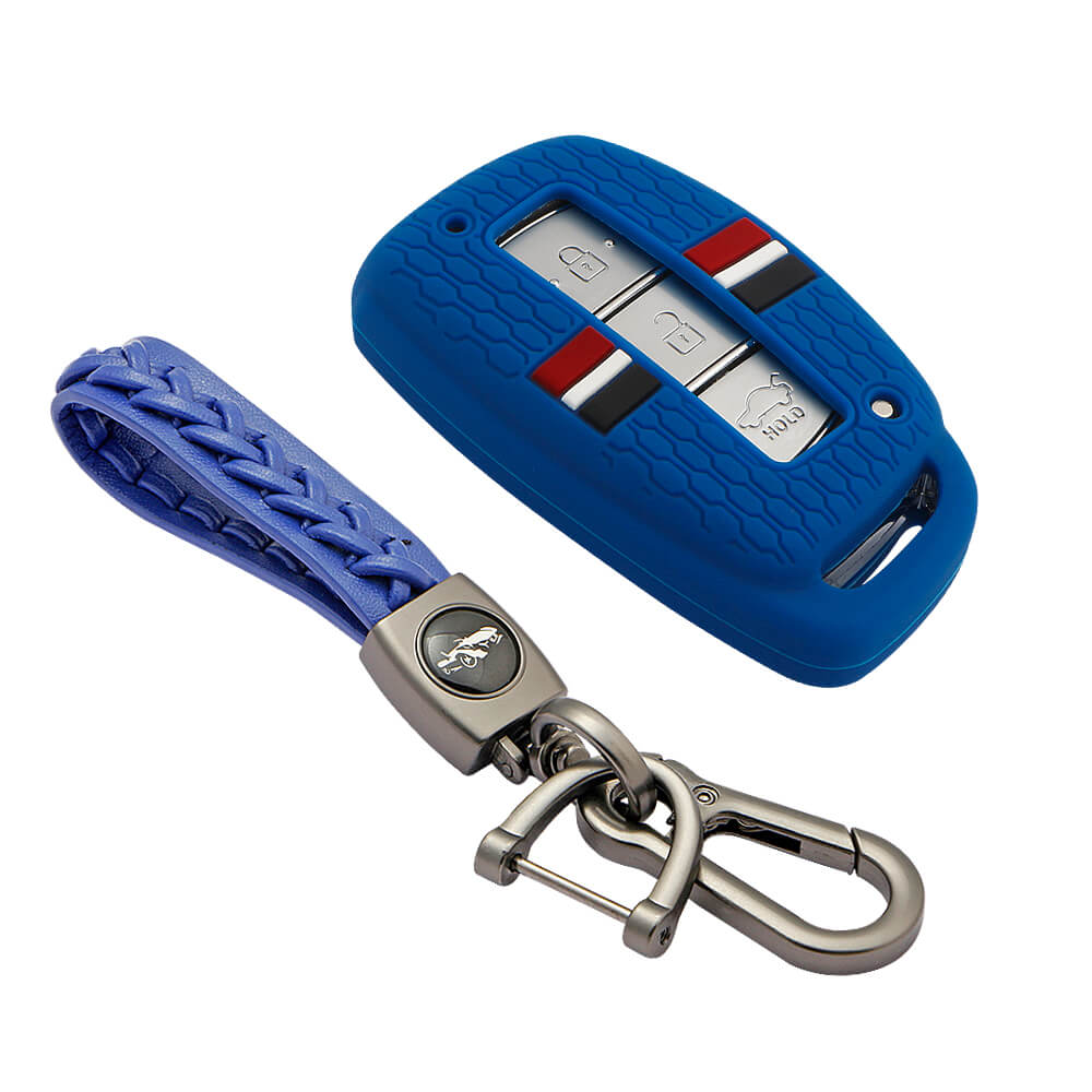 Keyzone striped key cover and keychain fit for : Exter, Venue, Elantra, Tucson, I20 N Line 2021, Creta 2020, i20 2020, Creta, Elite I20, Active I20, Aura, Verna 4s, Xcent, Alcazar, Creta 2021 Hyundai 3b/4b smart key (KZS-18, Leather Woven Keychain) - Keyzone