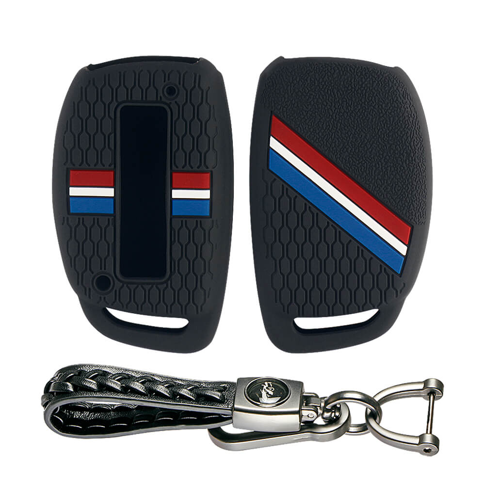 Keyzone striped key cover and keychain fit for : Exter, Venue, Elantra, Tucson, I20 N Line 2021, Creta 2020, i20 2020, Creta, Elite I20, Active I20, Aura, Verna 4s, Xcent, Alcazar, Creta 2021 Hyundai 3b/4b smart key (KZS-18, Leather Woven Keychain) - Keyzone