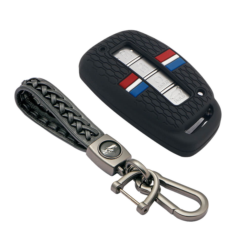 Keyzone striped key cover and keychain fit for : Exter, Venue, Elantra, Tucson, I20 N Line 2021, Creta 2020, i20 2020, Creta, Elite I20, Active I20, Aura, Verna 4s, Xcent, Alcazar, Creta 2021 Hyundai 3b/4b smart key (KZS-18, Leather Woven Keychain) - Keyzone