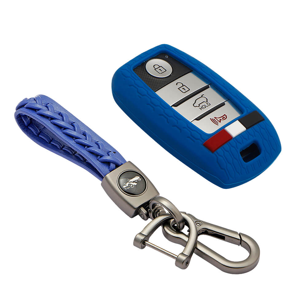 Keyzone striped key cover and keychain fit for : Seltos, Sonet, Carnival, Carens 3/4/5 button smart key (KZS-19, Leather Woven Keyholder) - Keyzone