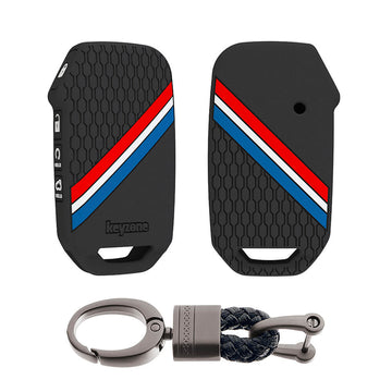 Keyzone striped silicone key cover & keychain for Kia Seltos, Sonet 2023 onwards 4 button smart key (KZS-21, Alloy Keychain)