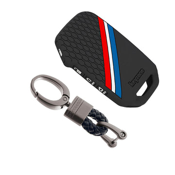 Keyzone striped silicone key cover & keychain for Kia Seltos, Sonet 2023 onwards 4 button smart key (KZS-21, Alloy Keychain)