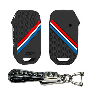 Keyzone striped silicone key cover & keychain for Kia Seltos, Sonet 2023 onwards 4 button smart key (KZS-21, Leather Woven Keychain)