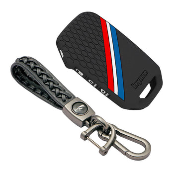 Keyzone striped silicone key cover & keychain for Kia Seltos, Sonet 2023 onwards 4 button smart key (KZS-21, Leather Woven Keychain)