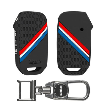 Keyzone striped silicone key cover & keychain for Kia Seltos, Sonet 2023 onwards 4 button smart key (KZS-21, MAH Keychain)