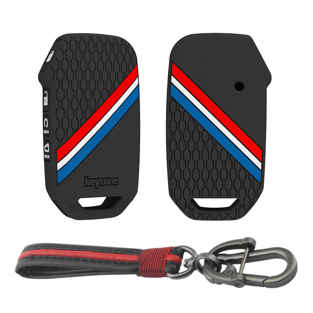 Keyzone striped silicone key cover & keychain for Kia Seltos, Sonet 2023 onwards 4 button smart key (KZS-21, Full Leather Keychain)