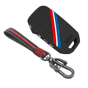 Keyzone striped silicone key cover & keychain for Kia Seltos, Sonet 2023 onwards 4 button smart key (KZS-21, Full Leather Keychain)