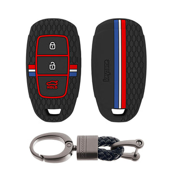 Keyzone striped silicone key cover for i20, Kona, Verna 3 button smart key (KZS-22,Alloy Keychain)