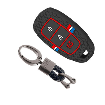 Keyzone striped silicone key cover for i20, Kona, Verna 3 button smart key (KZS-22,Alloy Keychain)