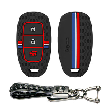 Keyzone striped silicone key cover & keychain for i20, Kona, Verna 3 button smart key (KZS-22, Leather Woven Keychain)