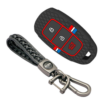 Keyzone striped silicone key cover & keychain for i20, Kona, Verna 3 button smart key (KZS-22, Leather Woven Keychain)