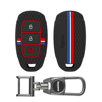 Keyzone striped silicone key cover & keychain for i20, Kona, Verna 3 button smart key (KZS-22, MAH Keychain)