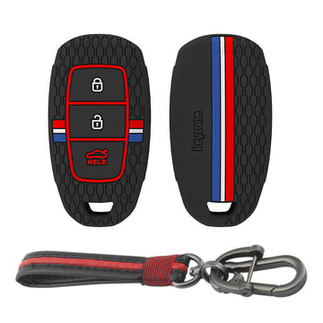 Keyzone striped silicone key cover & keychain for i20, Kona, Verna 3 button smart key (KZS-22, Full Leather Keychain)