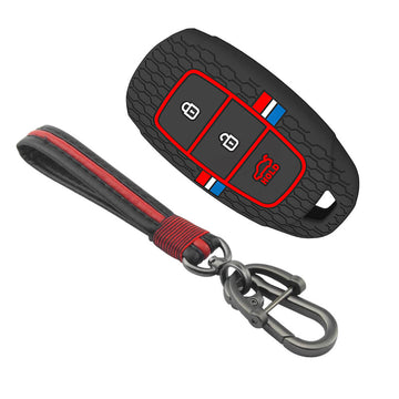 Keyzone striped silicone key cover & keychain for i20, Kona, Verna 3 button smart key (KZS-22, Full Leather Keychain)