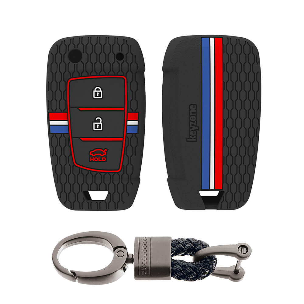 Keyzone striped silicone key cover & keychain for i20, Kona, Verna 3 button flip key (KZS-23, Alloy  Keychain)