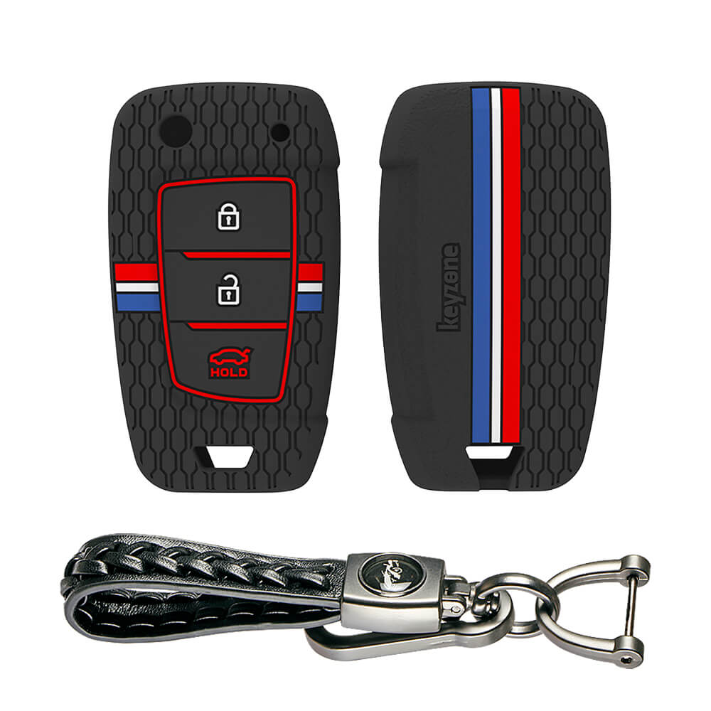 Keyzone striped silicone key cover & keychain for i20, Kona, Verna 3 button flip key (KZS-23, Leather Woven Keychain)