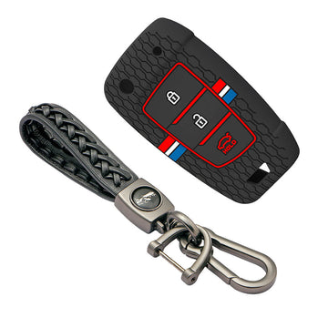 Keyzone striped silicone key cover & keychain for i20, Kona, Verna 3 button flip key (KZS-23, Leather Woven Keychain)