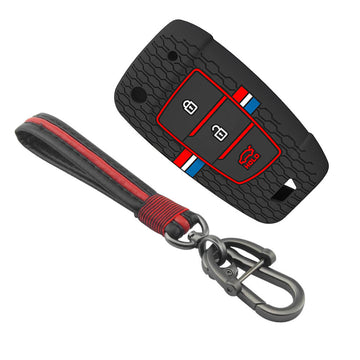 Keyzone striped silicone key cover & keychain for i20, Kona, Verna 3 button flip key (KZS-23, Full Leather Keychain)