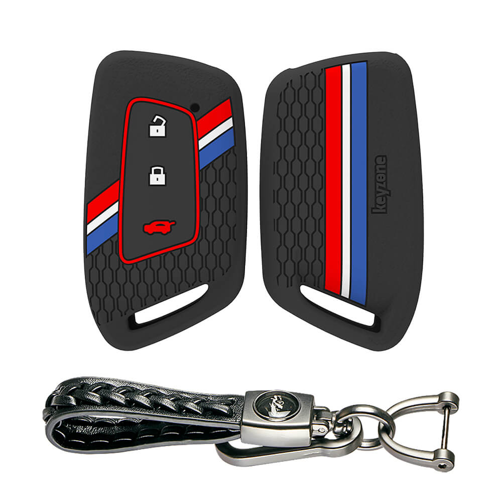 Keyzone striped silicone key cover & keychain for MG Hector 3 button smart key (KZS-24, Leather Woven Keychain)