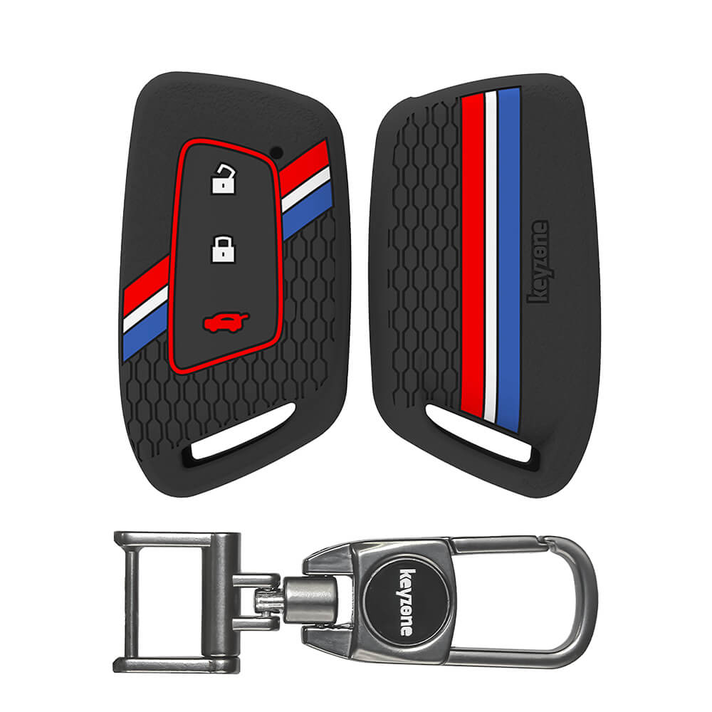 Keyzone striped silicone key cover & keychain for MG Hector 3 button smart key (KZS-24, MAH Keychain)