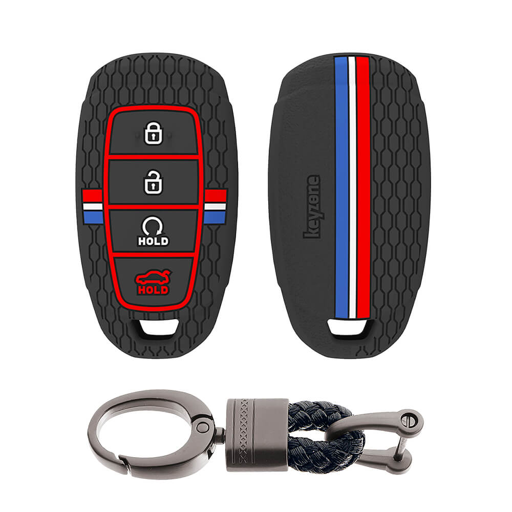 Keyzone striped silicone key cover & keychain for i20, Verna 2023 onwards 4 button smart key (KZS-25, Alloy Keychain)