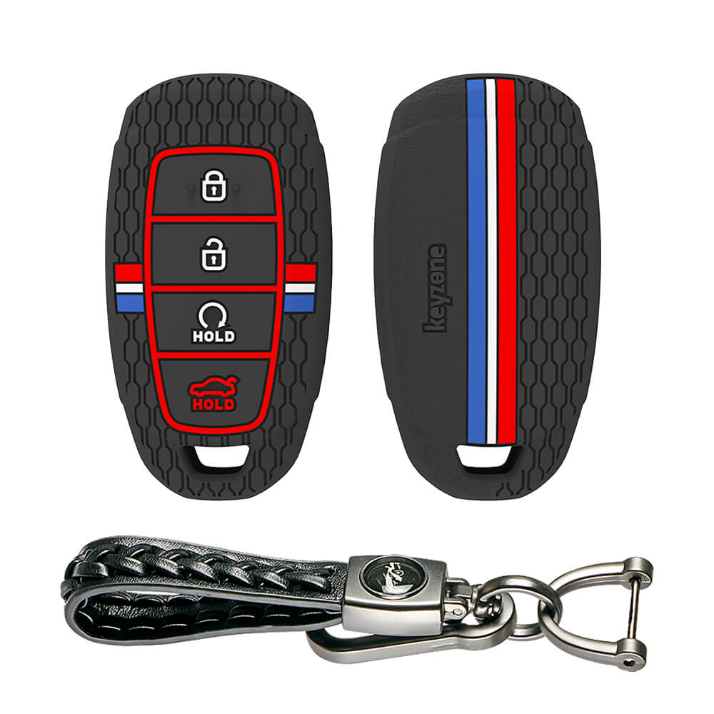 Keyzone striped silicone key cover & keychain for i20, Verna 2023 onwards 4 button smart key (KZS-25, Leather Woven Keychain)