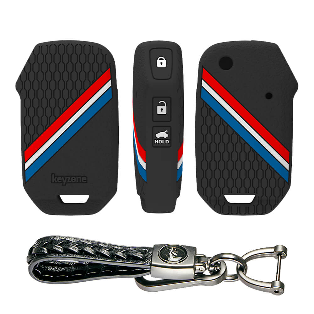 Keyzone striped silicone key cover & keychain for Seltos, Sonet, Carens 3 button flip key (KZS-26, LW Keychain)