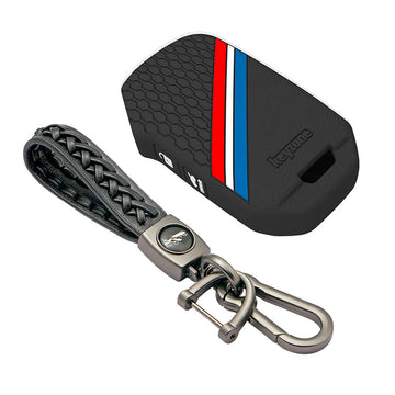 Keyzone striped silicone key cover & keychain for Seltos, Sonet, Carens 3 button flip key (KZS-26, LW Keychain)