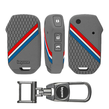 Keyzone striped silicone key cover & MAH Keyholder for Seltos, Sonet, Carens 3 button flip key (KZS-26, MAH)