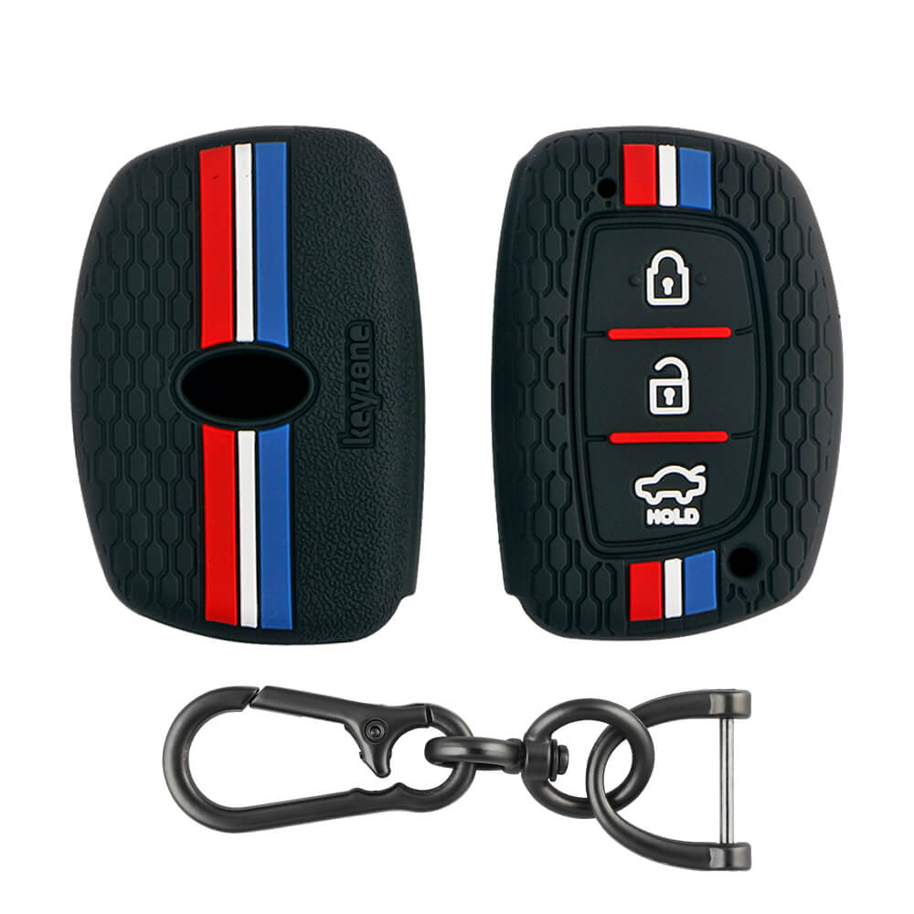 Keyzone striped key cover and keychain fit for : Exter, Creta, Elite I20, Active I20, Aura, Verna 4s, Xcent, Tucson, Elantra 3 button smart key (KZS-05, Zinc Alloy) - Keyzone