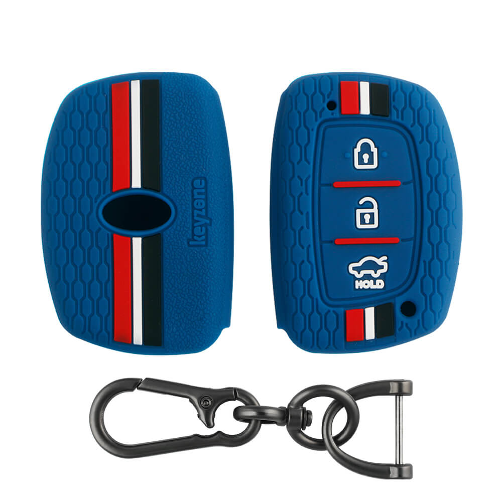 Keyzone striped key cover and keychain fit for : Exter, Creta, Elite I20, Active I20, Aura, Verna 4s, Xcent, Tucson, Elantra 3 button smart key (KZS-05, Zinc Alloy) - Keyzone