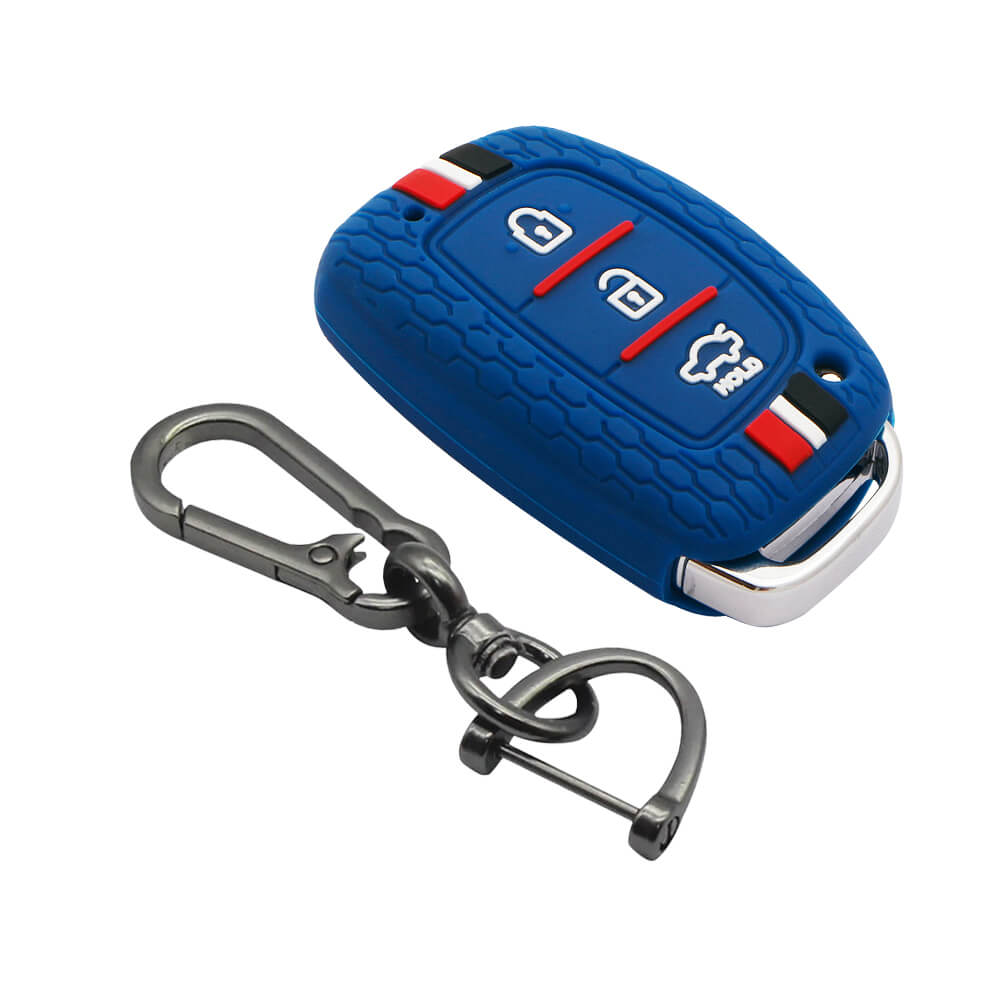 Keyzone striped key cover and keychain fit for : Exter, Creta, Elite I20, Active I20, Aura, Verna 4s, Xcent, Tucson, Elantra 3 button smart key (KZS-05, Zinc Alloy) - Keyzone