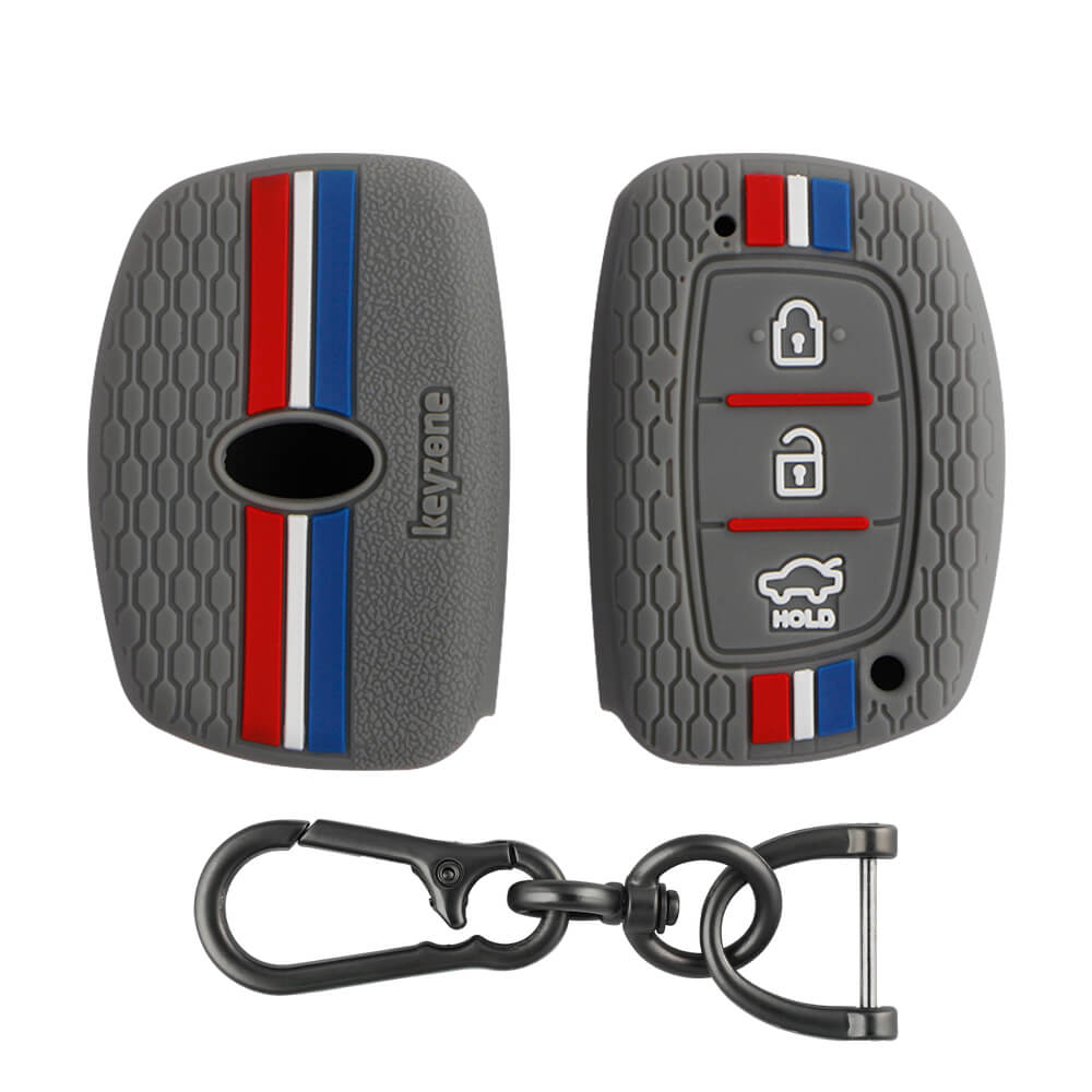 Keyzone striped key cover and keychain fit for : Exter, Creta, Elite I20, Active I20, Aura, Verna 4s, Xcent, Tucson, Elantra 3 button smart key (KZS-05, Zinc Alloy) - Keyzone