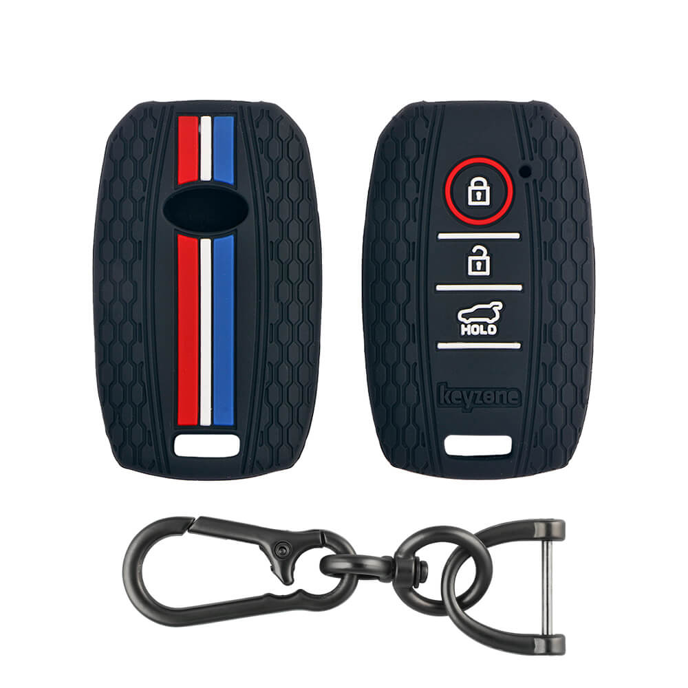 Keyzone striped key cover and keychain fit for : Seltos 3 button smart key (KZS-09, Zinc Alloy Keychain) - Keyzone